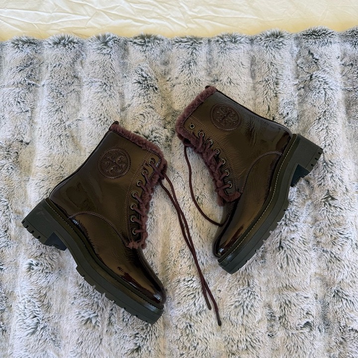 Tory Burch Miller Maroon Combat Boots with Fur