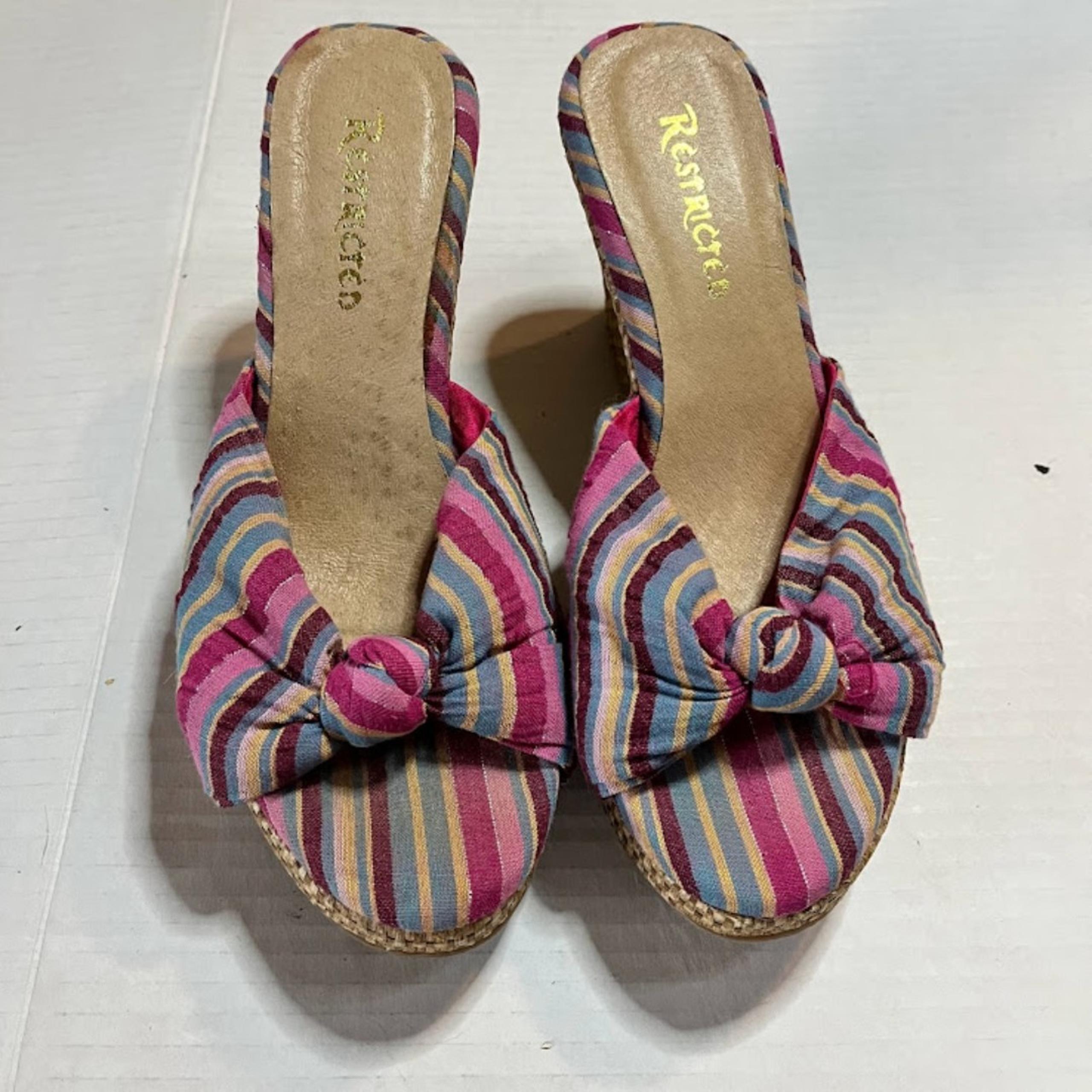 Restricted Tropicalcore Bohochic Pink/Purple/Blue Stripe Slide On Jute 3"Wedge 6