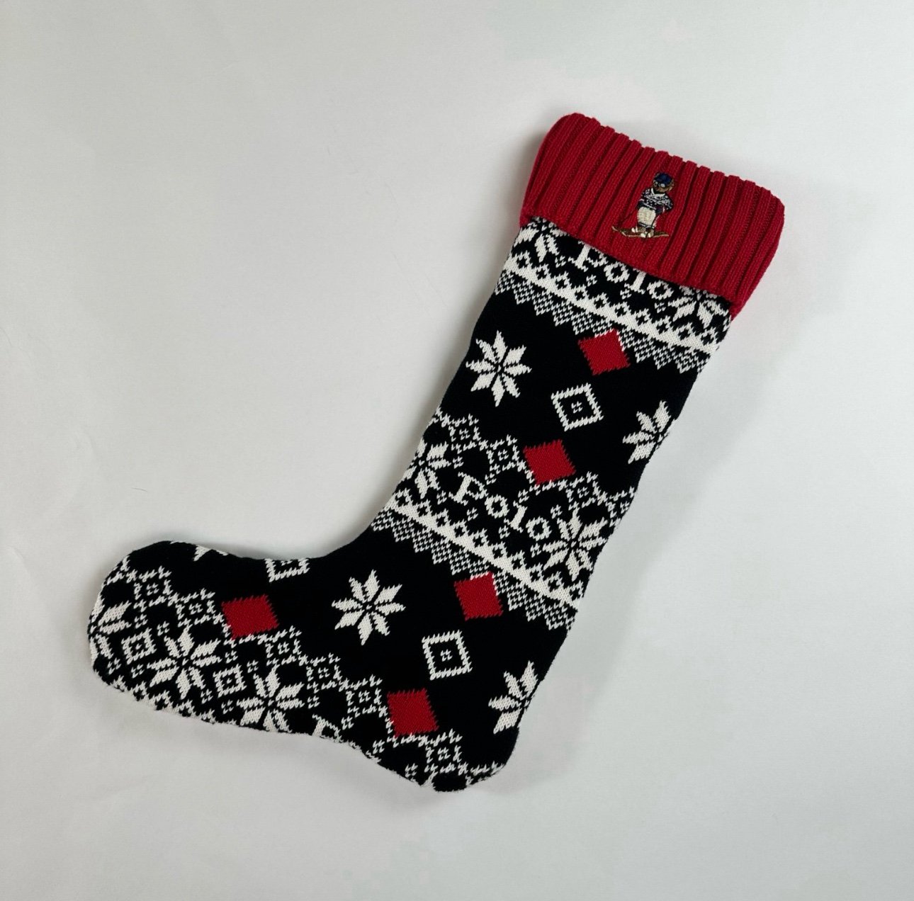 Polo Ralph Lauren Knit Fair Isle Ski Bear Christmas Stocking - NWT - Red Black