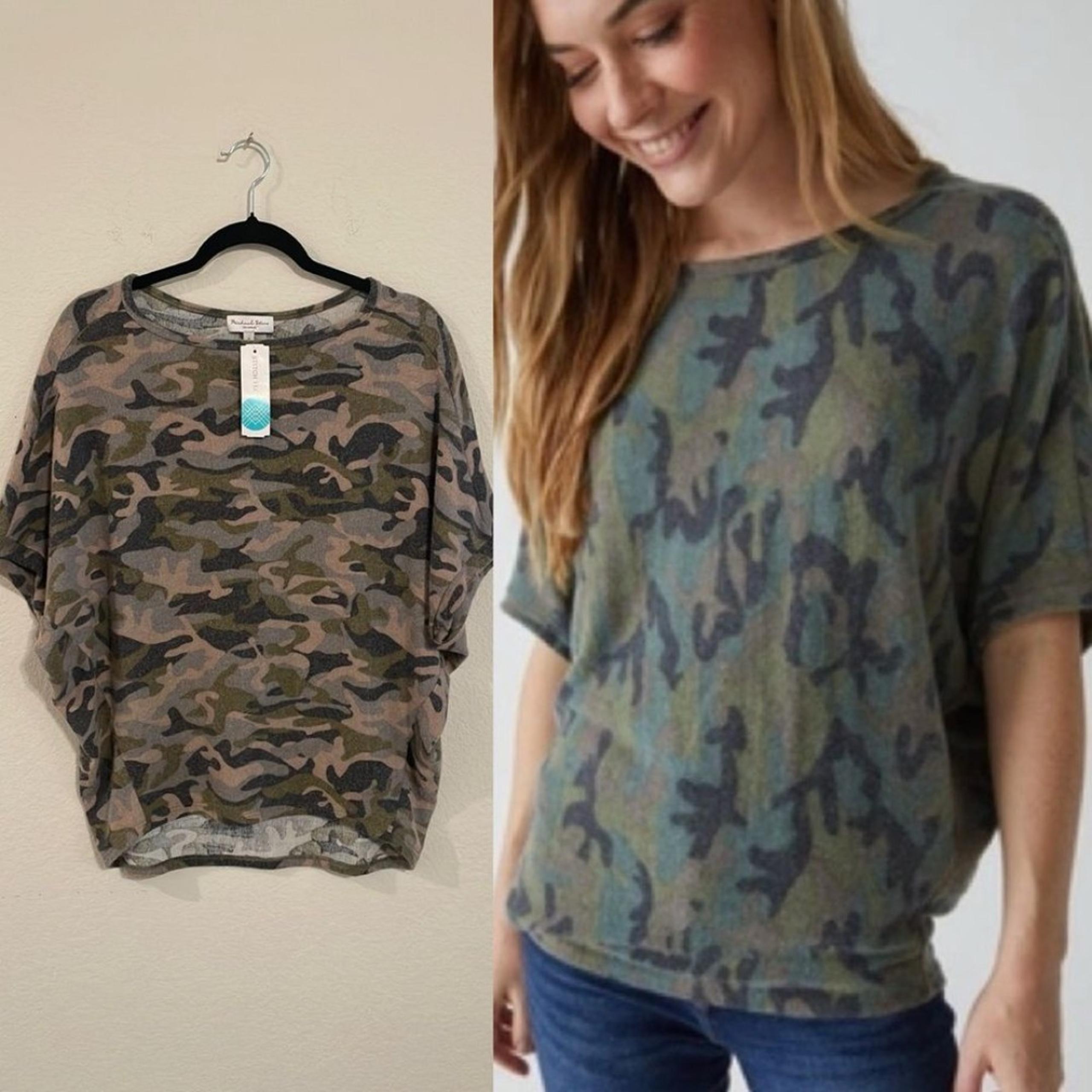 Michael Stars Verna Green Camo Oversized Batwing Dolman Sleeve Knit Top
