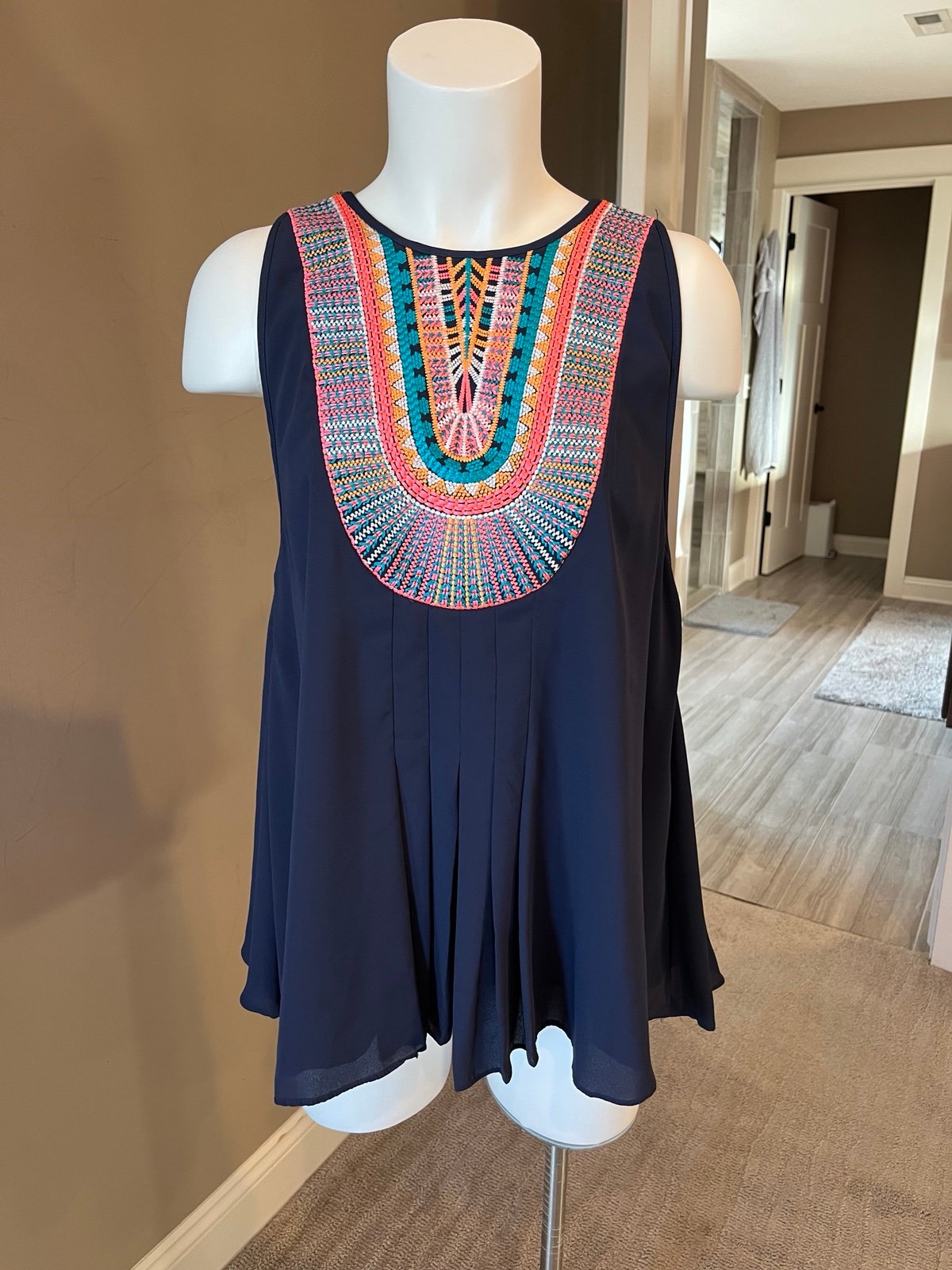 Ranna Gill Anthropologie Navy Bib Sleeveless Blouse L