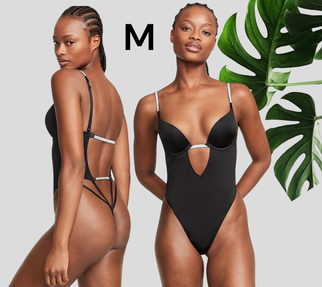 NWT M Victoria's Secret VERY SEXY Plunge Convertible Shine Bodysuit in Black
