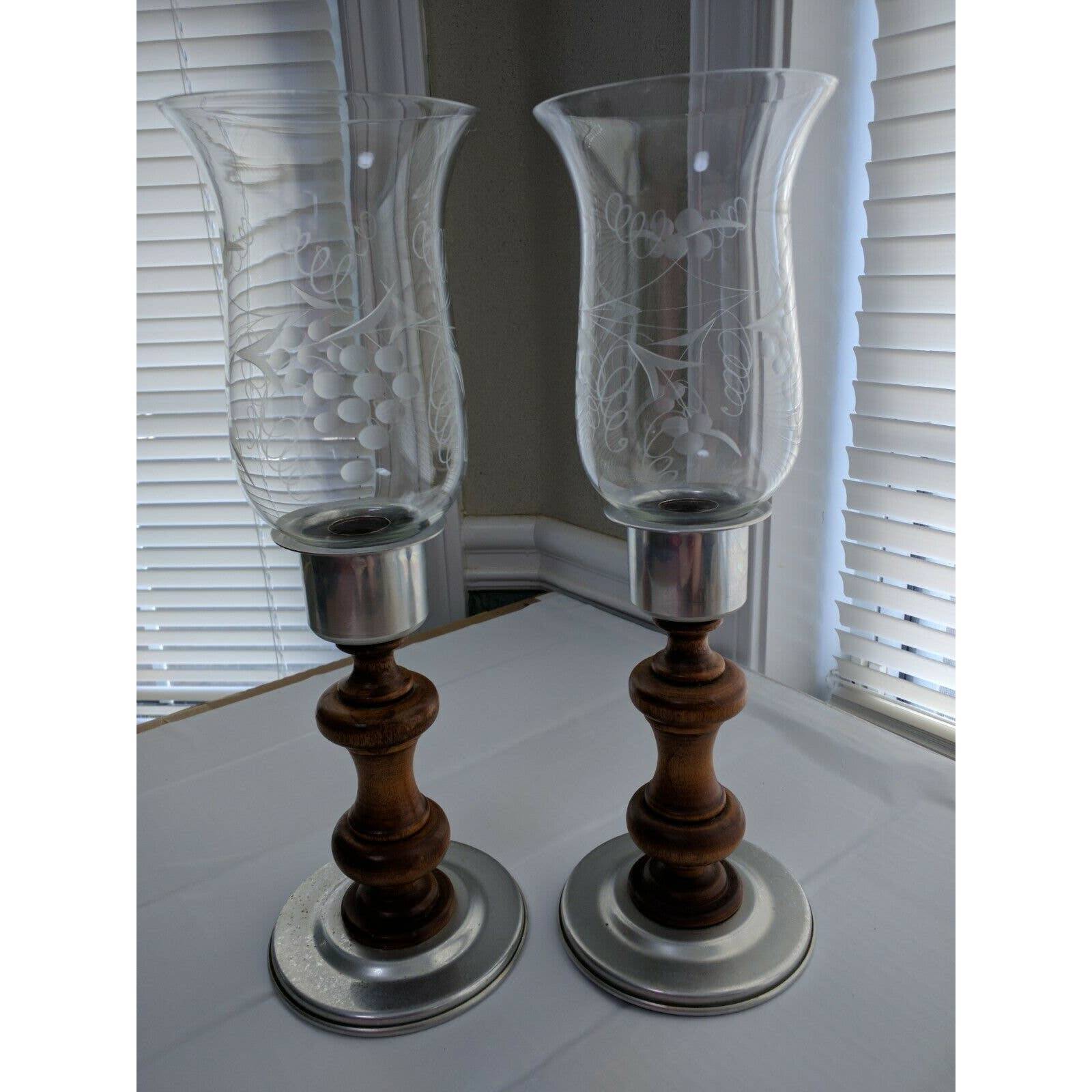 2 vintage fancy grape etched glass hurricane candle lamp shade globes wood base