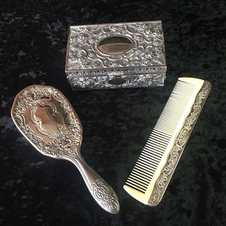 Vanity Set Silver Plated 3 pc Set - Rose design Comb Brush and Trinket Box