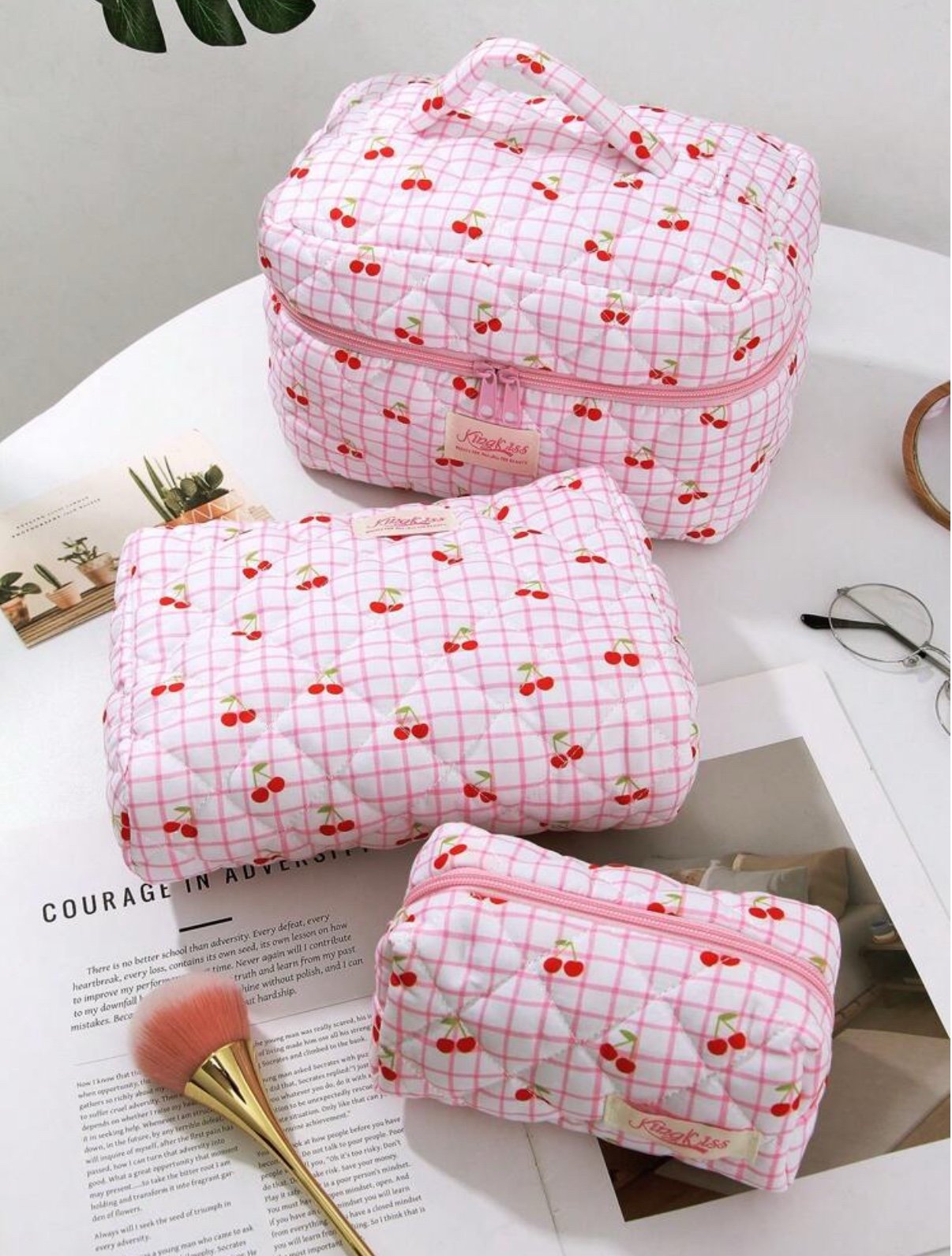 3-Piece Cherry Print Cosmetic Pouch Set