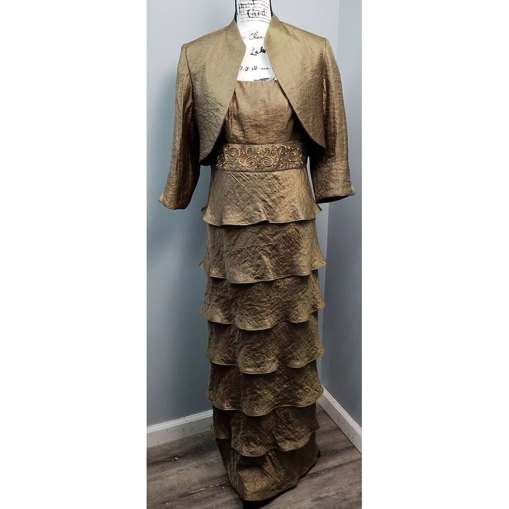 R&M Richards 2 Piece Set Shimmer Dress & Bolero Jacket Women's 10 Green Back Zip