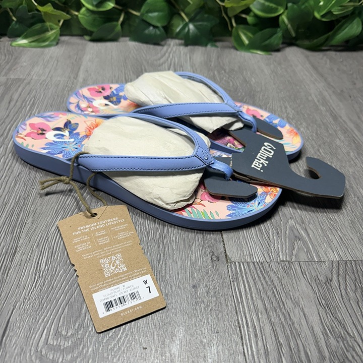 Olukai Puawe Women's Flip Flops Cloud Blue/Flower Tropical Thong Sandals 7 37