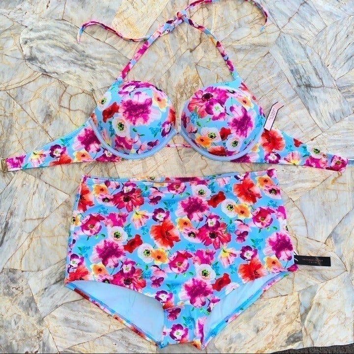 36C XL Halter BOMBSHELL ADD 2 CUPS Swimsuit Set Bikini Swim Top + Bottoms