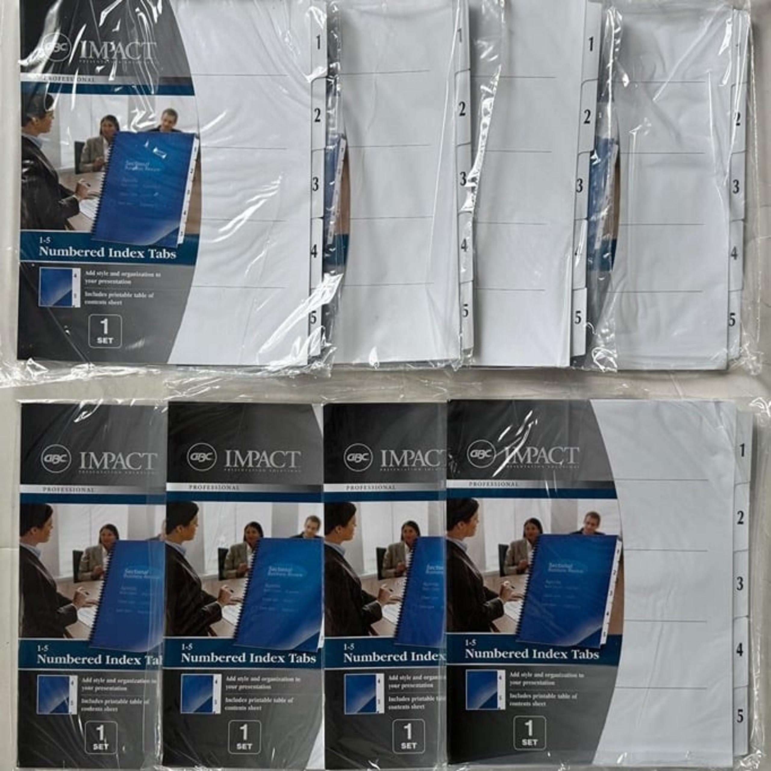 Impact Numbered Index Tabs - 8 Sets of 1-5 Tabs, White (25160) - New Sealed - GBC