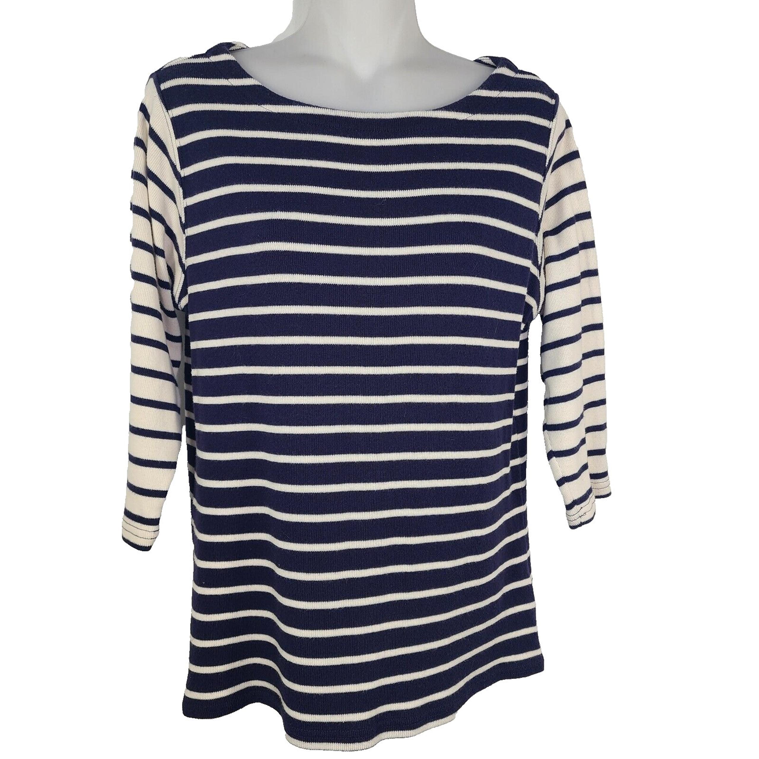 LL Bean Womens Top Small Reg French Sailor Knit Blue Stripe 3/4 Sleeve Boatneck