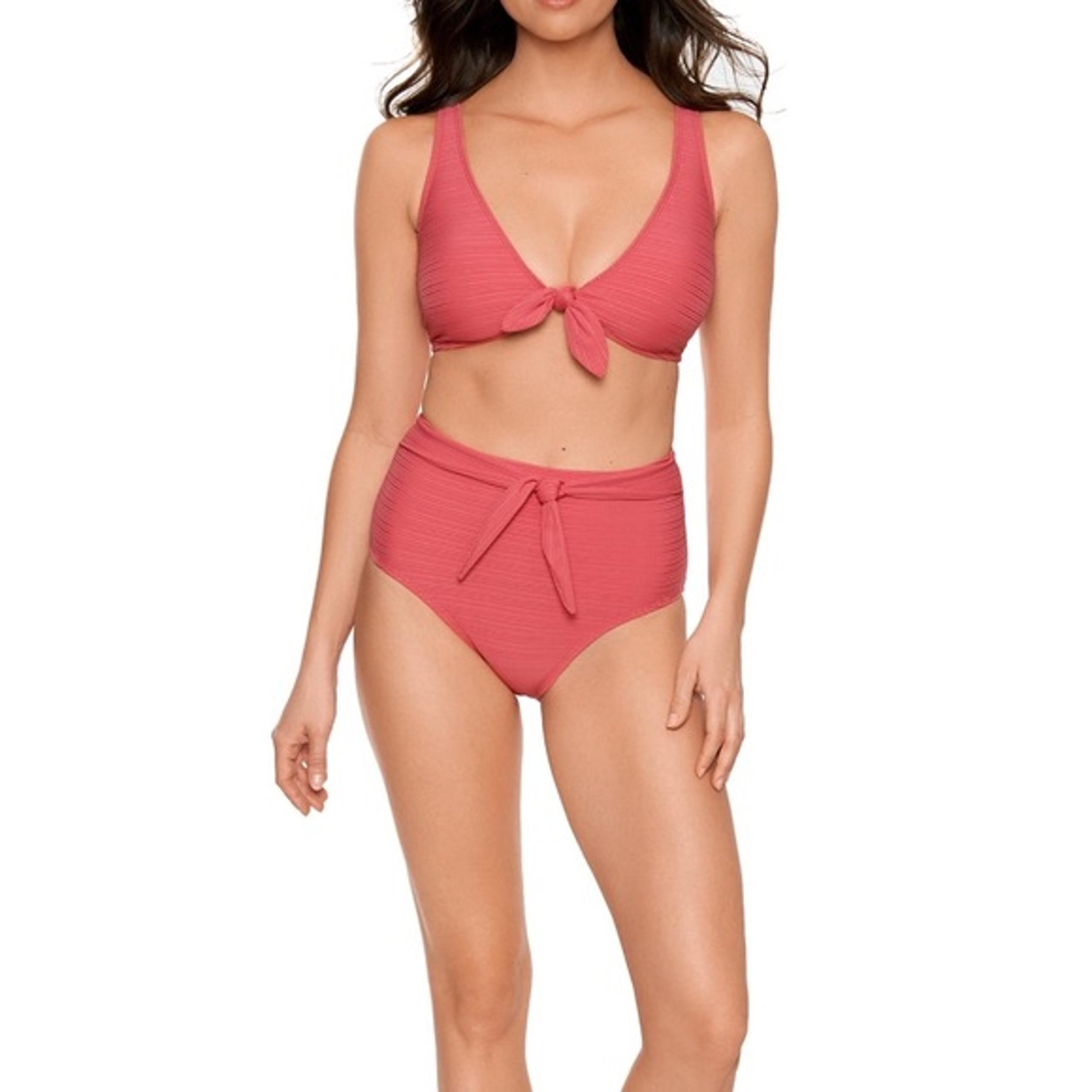 Time and Tru Women’s Tie Front V-Neck Rose Dust Ribbed Bikini Swimsuit Top NWT