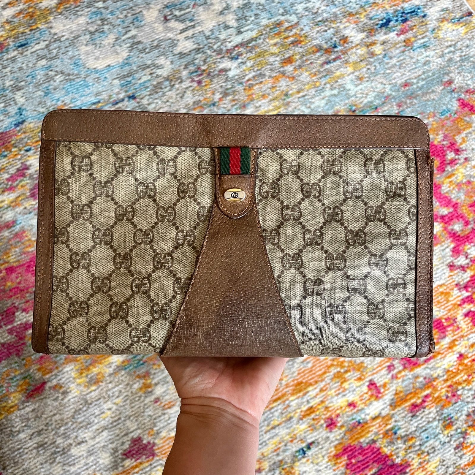 Gucci Vintage Clutch Brown Web Bag Logo Monogram Interlocking GG Stripe