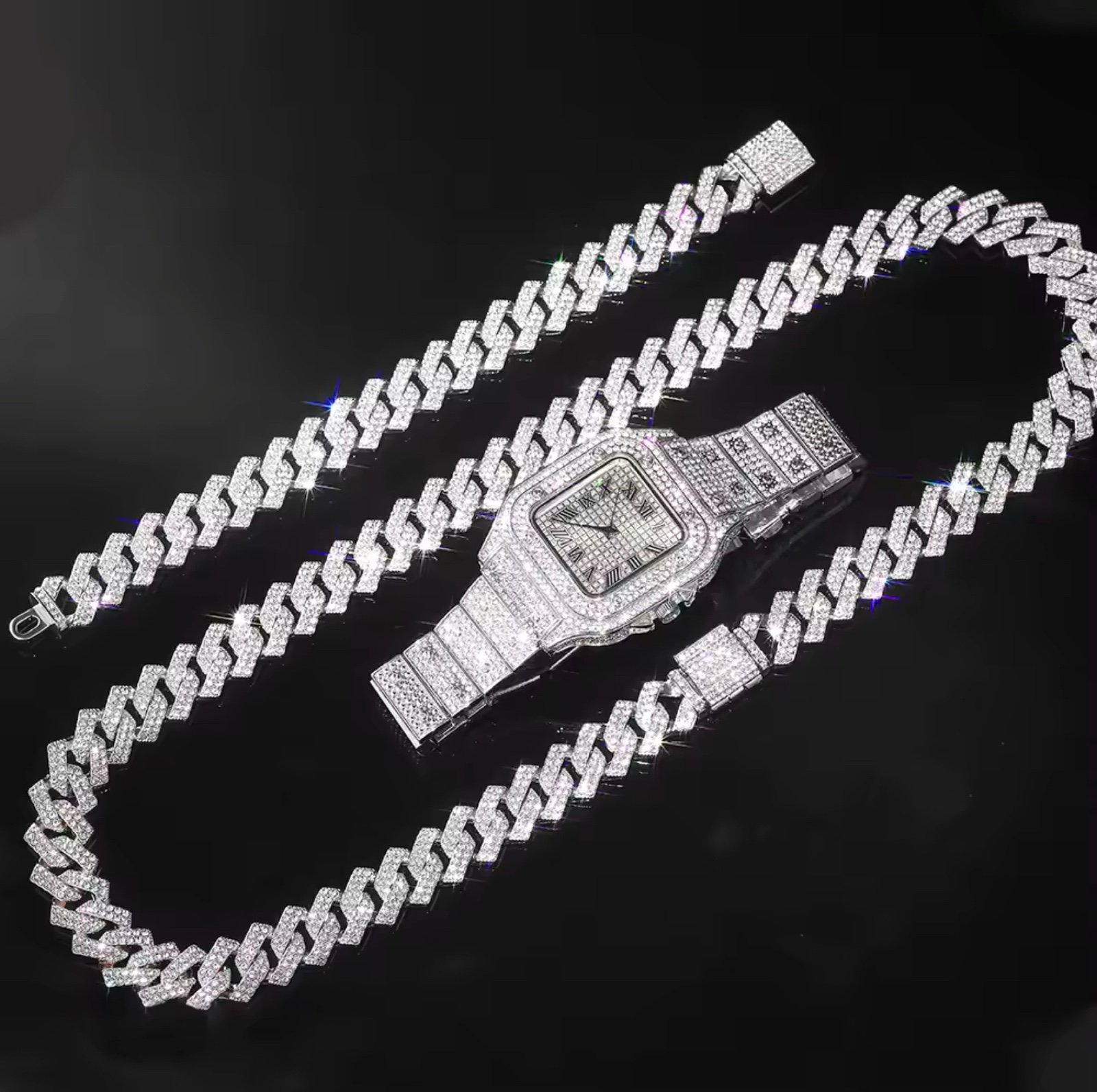 Cuban 24in Chain 8in Bracelet and Iced Out Bling Watch Jewelry Set