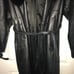 Vintage Greg Bell Full Length Black Leather Woman's trench with Fox Fur Collar