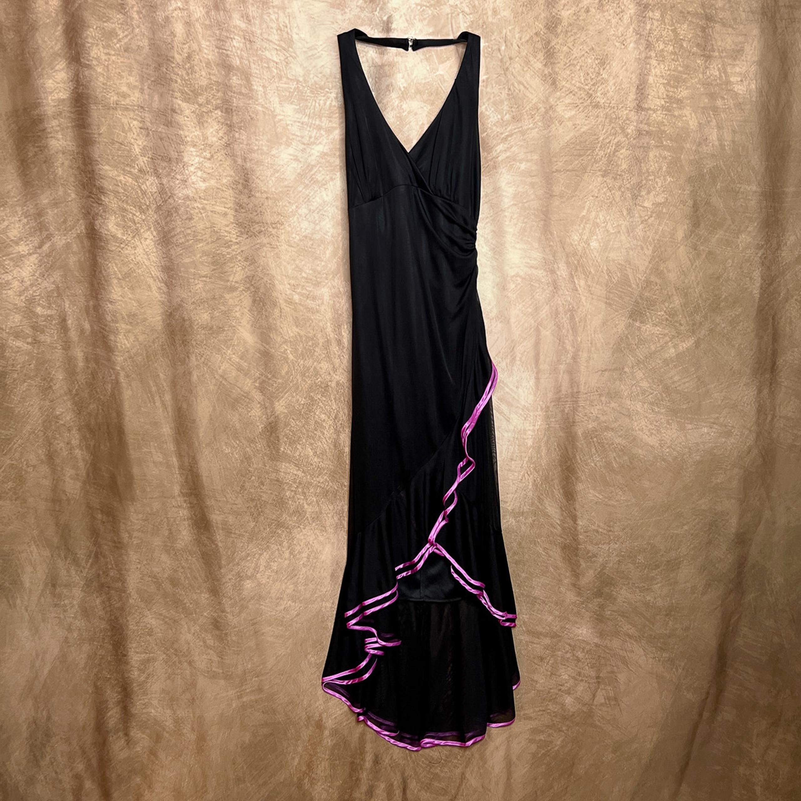 Vintage 90s Blondie Nites Ruffled Hem Halter Dress Black Purple High-Low Y2K