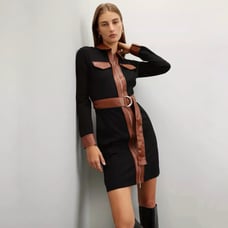 Derek Lam Jayda Mini Dress Black Brown Faux Leather Long Sleeve Sz 40 / 4 US
