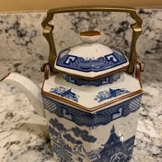 Teapot white and blue with brass handle