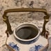 Teapot white and blue with brass handle