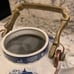Teapot white and blue with brass handle