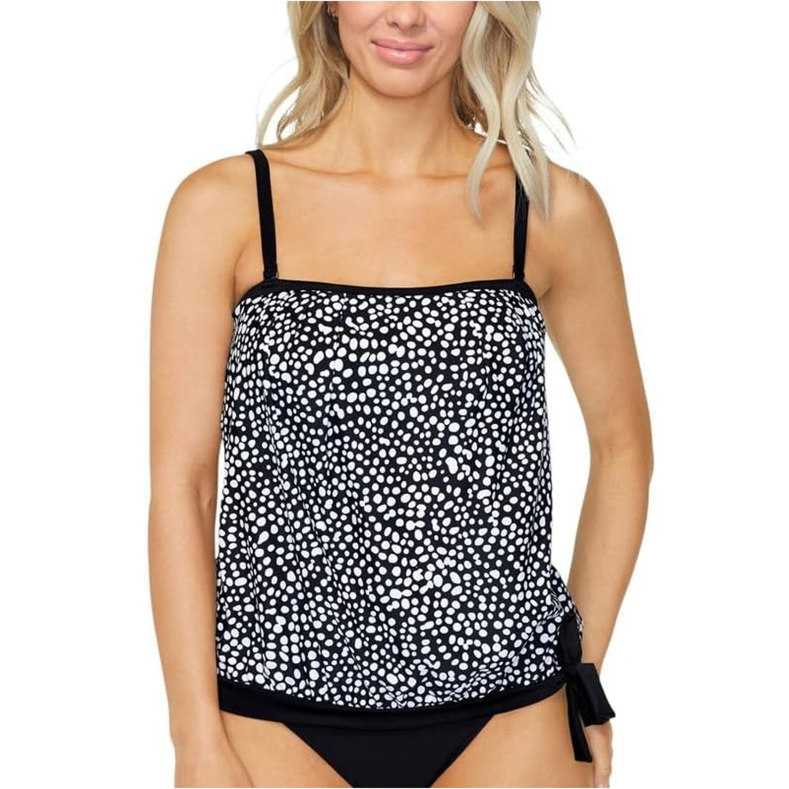 Island Escape Women Black/White Dot Print Blouson Swim Tankini Top Size US 12