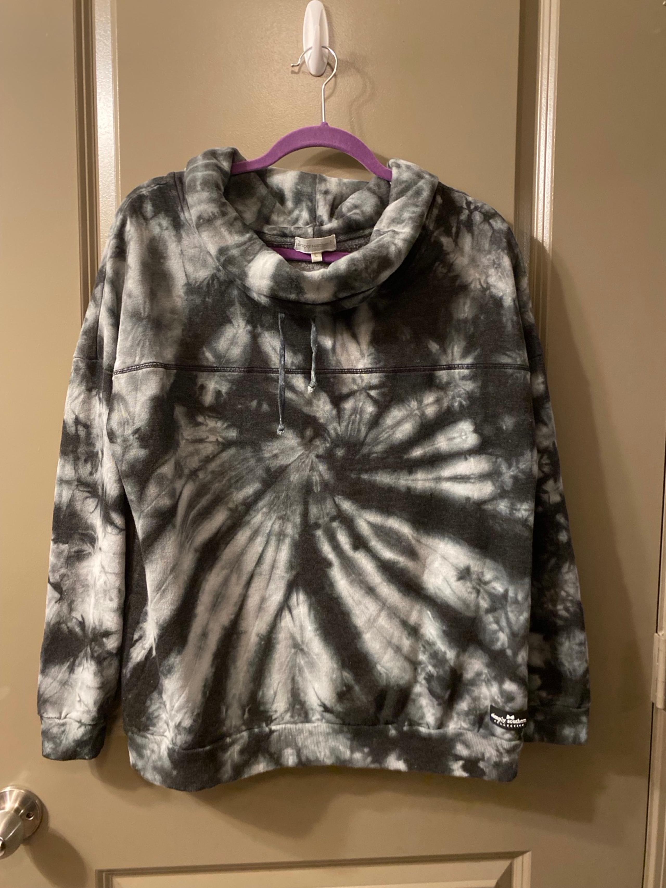 Simply Southern Womens Size Large Black Gray Sweatshirt Tie Dye Cowl Neck