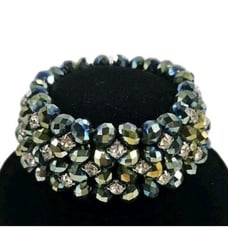 Vtg Stretch Bracelet Faceted Peacock Green Beads W Rhinestone Inserts Bracelet