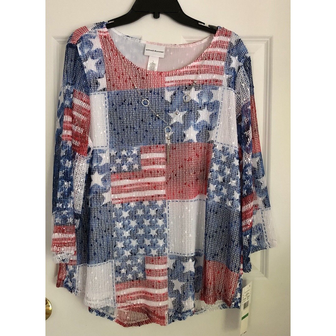 ALFRED DUNNER WOMEN'S TOPS FLAG PATRIOTIC 4 OF JULY PULLOVER ALL AMERICAN 82