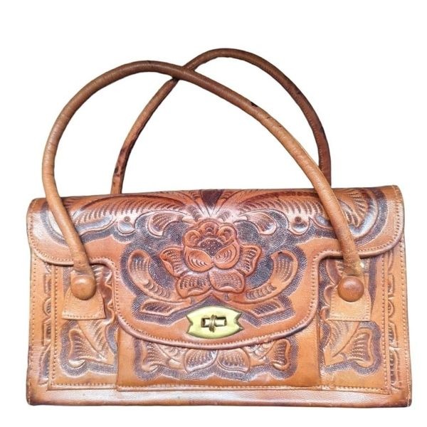 Vintage Kangaroo Leather Satchel Brown Hand Tooled Art To Wear Floral Bag