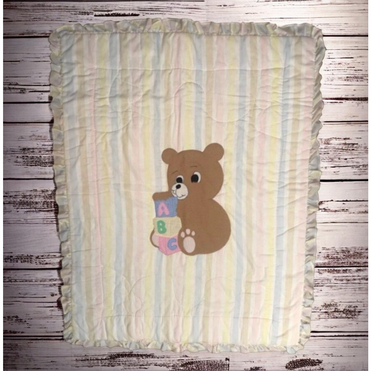 Red Galliope Vintage 80s Crib Quilt Blanket Pastel Bear ABC Blocks