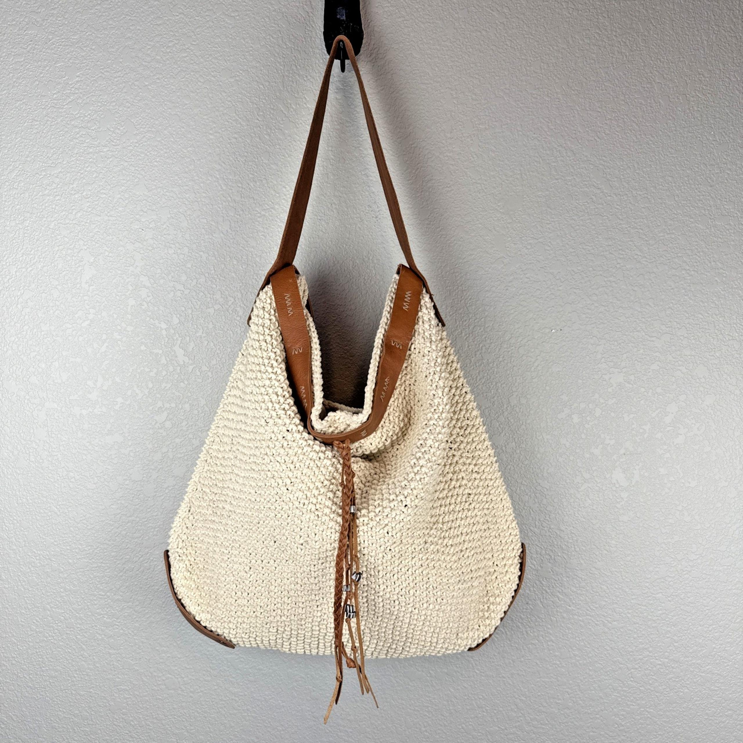 Lucky Brand Ivory Cotton Crochet Leather Trim Boho Hobo Shoulder Bag Purse Tote