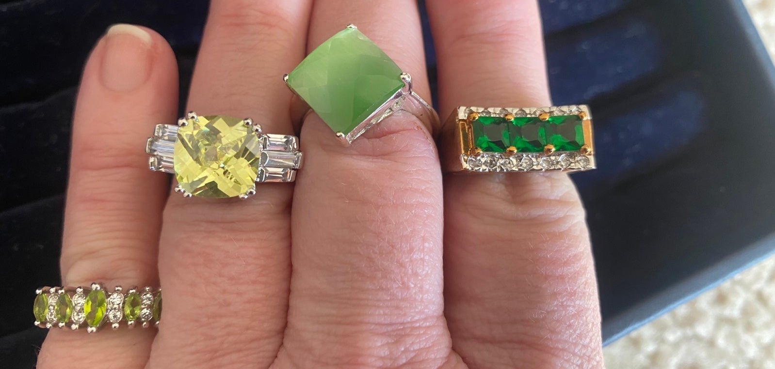 Huge Lot of Green Diamond Gemstone Ring Technibond Jewelry TV sizes 8 and 7 Rare