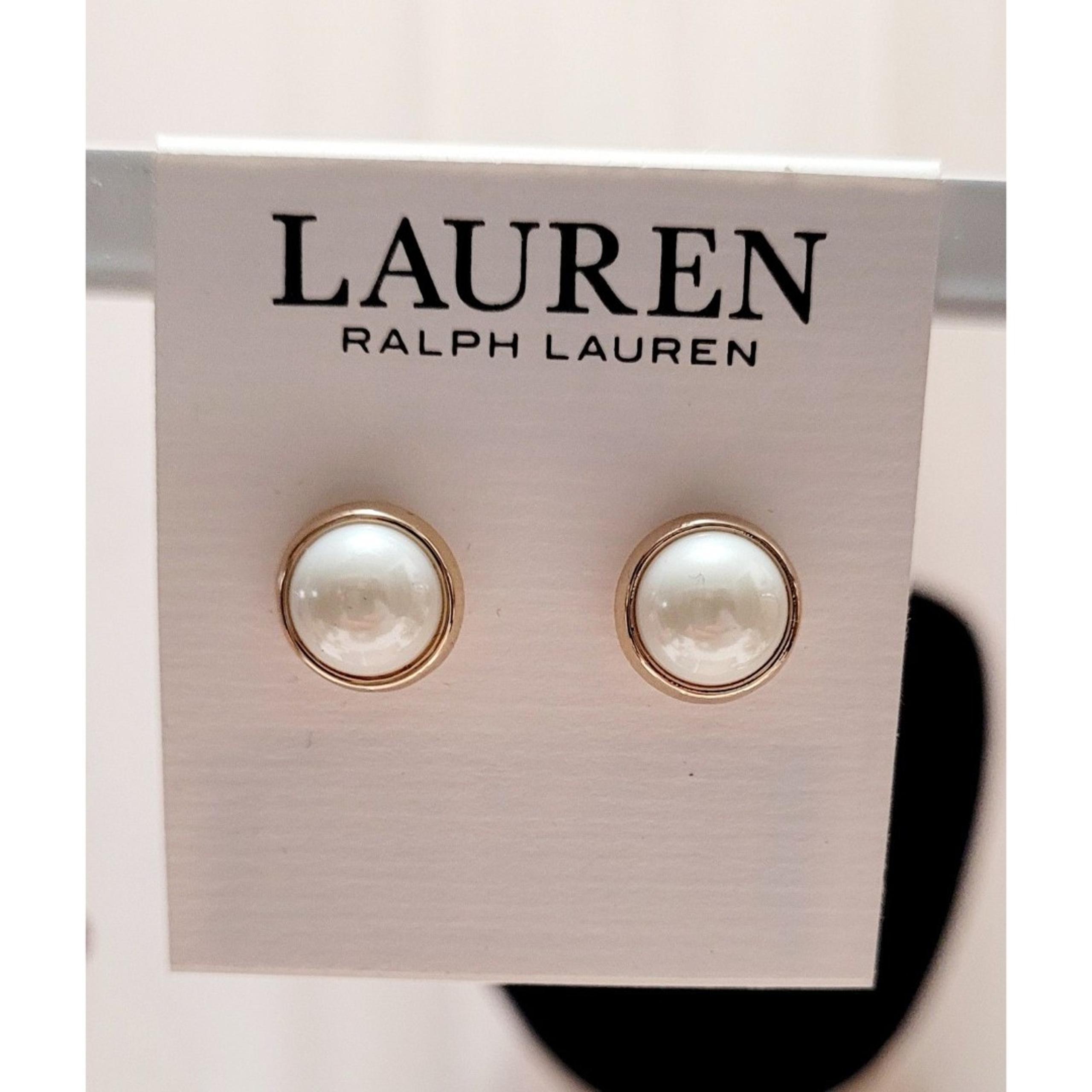 Lauren Ralph Lauren Gold Tone Bezel Acrylic Pearl Stud Earrings