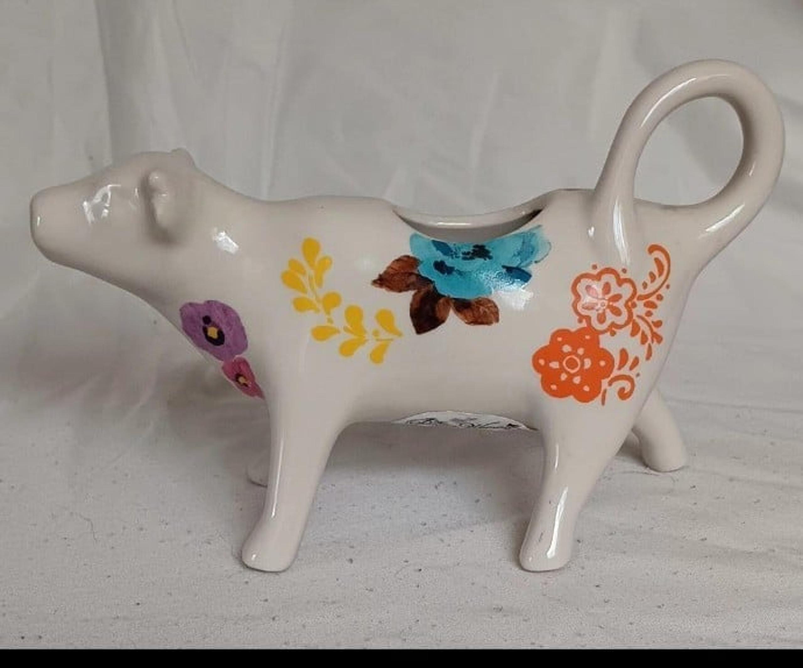 Pioneer Woman Cow Creamer Floral Stoneware White Ceramic Retired