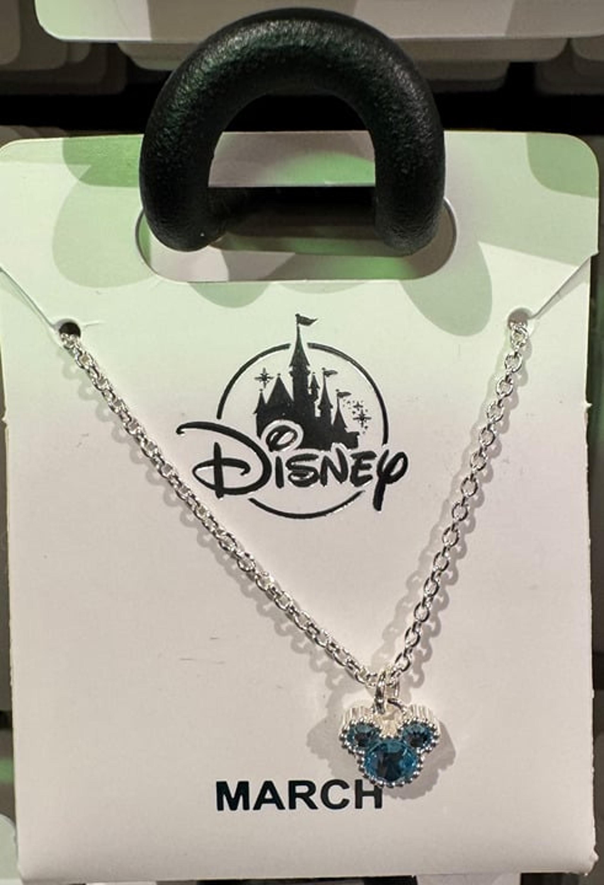Disney Parks Mickey Mouse Faux Aquamarine March Birthstone Necklace Silver Color