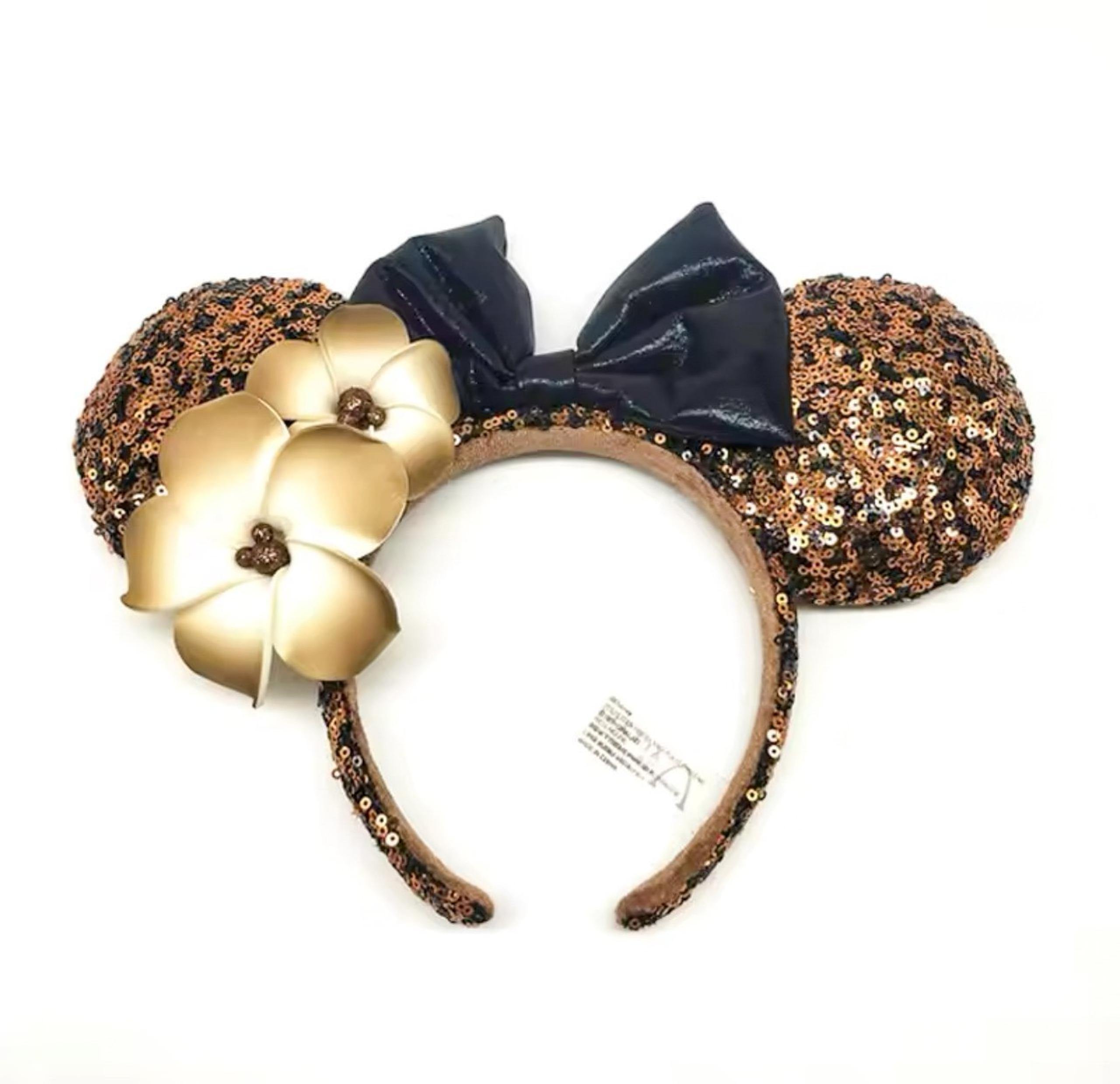 Disney Parks Minnie Mouse Ears Black Gold Plumeria Aulani Resorts Headband