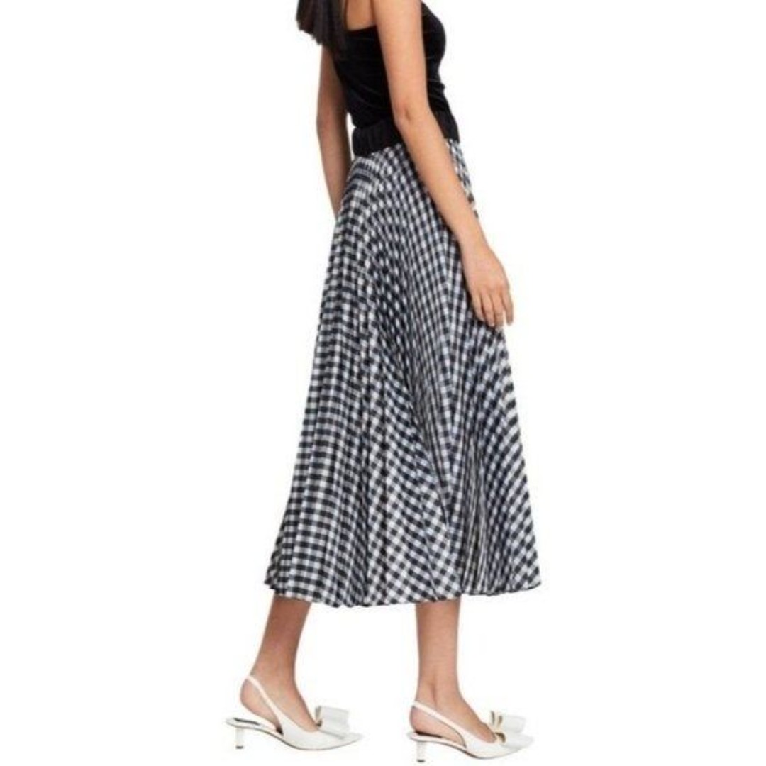 Rachel Zoe Black & White Gingham Plaid Pleated Midi Skirt 6