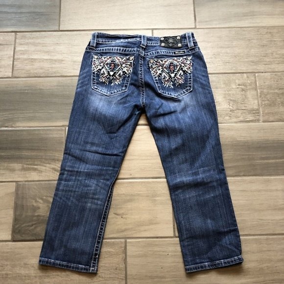 MISS ME Aztec JEANS Easy CROP Blue Jeans Size 29