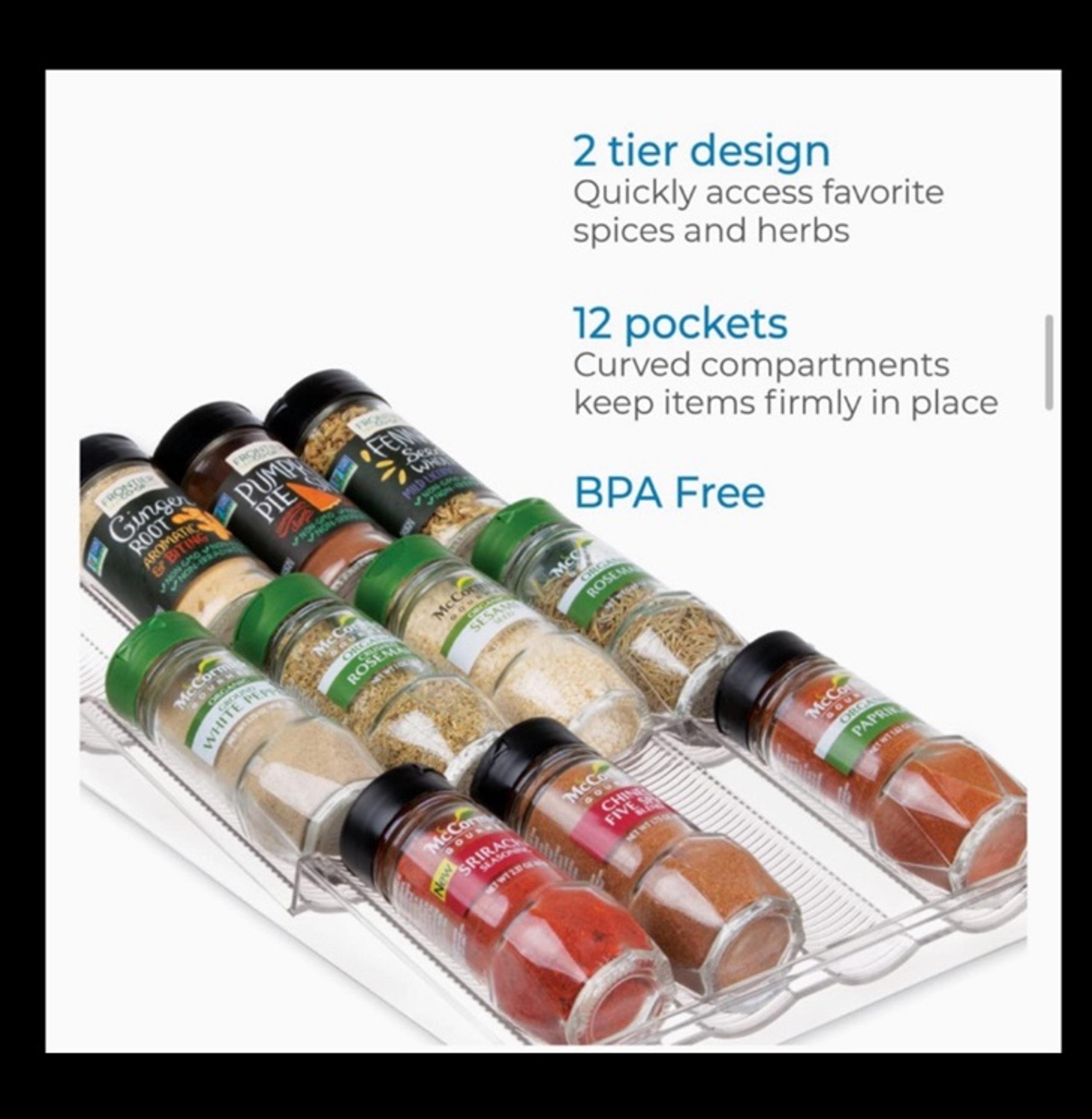 Spice Rack In-Drawer Organizer Kitchen Cabinet Holds 12 Bottles Clear BPA Free