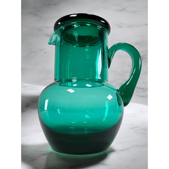 RARE Teal Glass Hand Blown Vintage Tumble Up Guest Pitcher and Cup Matching Set