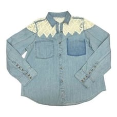 Free People Women’s M Denim Fields Buttondown Crochet Lace Relaxed Knit Chambray