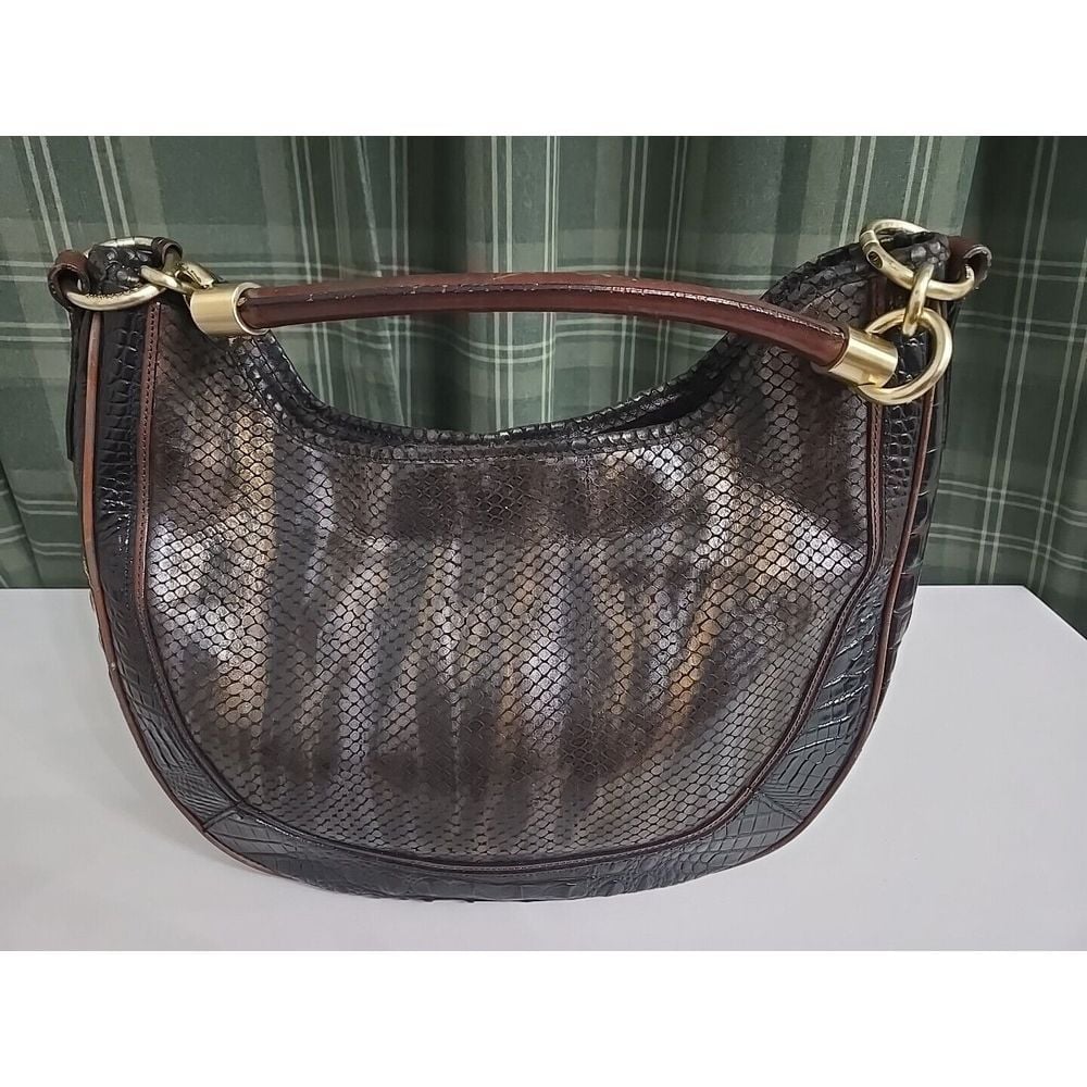 Brahmin Handbag Carmela Black Tri Color Snakeskin Hobo Style Magnetic Clasp