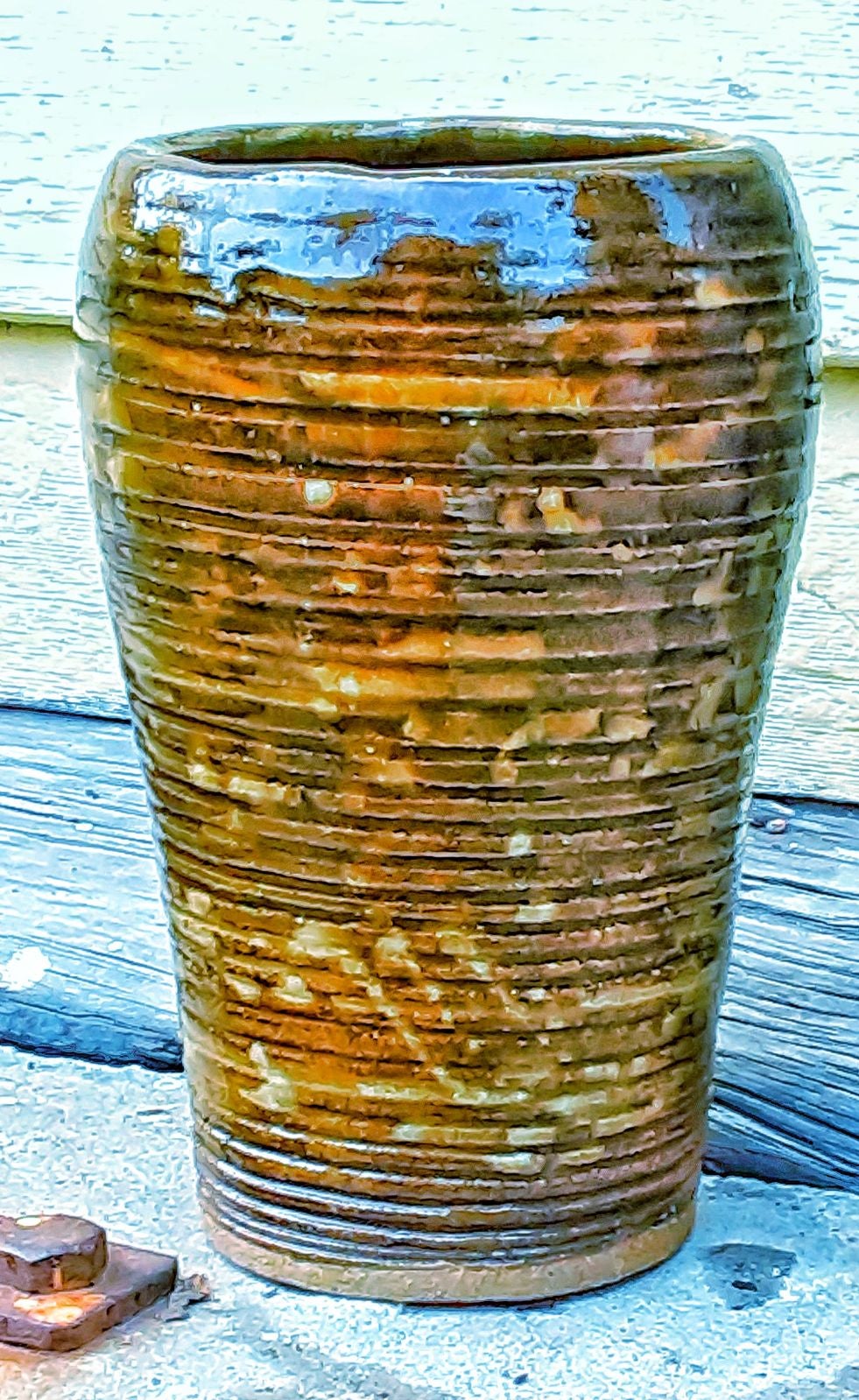 1970s MCM mid century modern studio art pottery 8x4 vase earth tones green brow