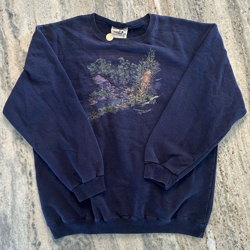 Vintage Northern Reflections Crewneck Sweatshirt Nature Scene Deer L Blue