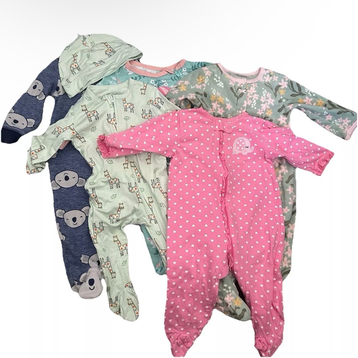 Lot Of 5 Baby Girl Footie Pajamas Size 3-6 Months 2 Way Zipper