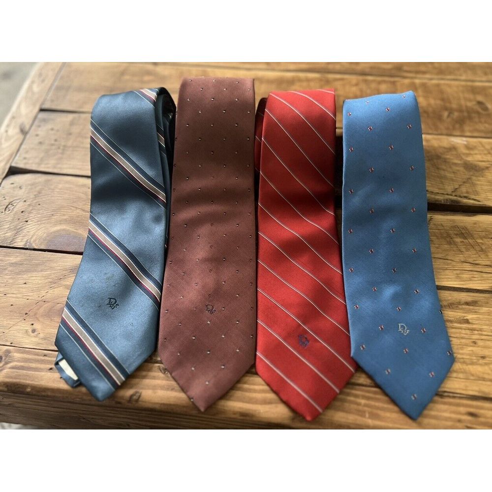 Vtg 4 pc LOT 80's Christian Dior Paris Narrow MoD LOGO Necktie Skinny 3 STRIPE