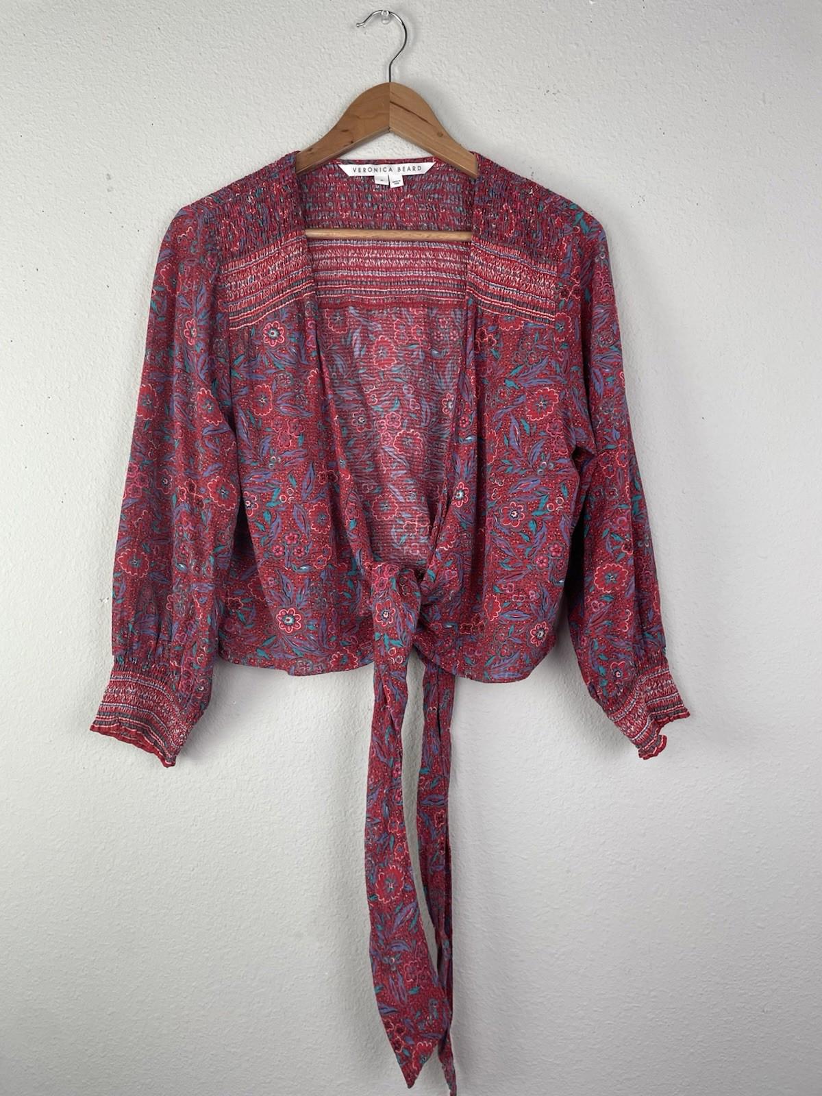Veronica Beard Women's Red Floral Cropped Self-Tie Front Wrap Blouse Topper Med