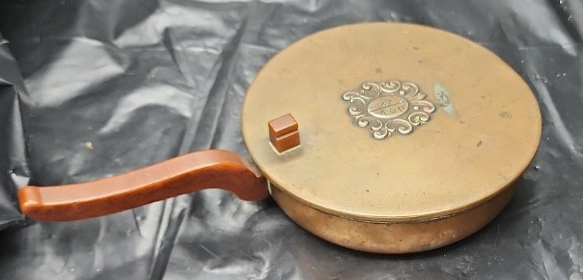 Antique Copper, Round Silent Butler, Crumb Catcher, Amber Pyralin Celluloid