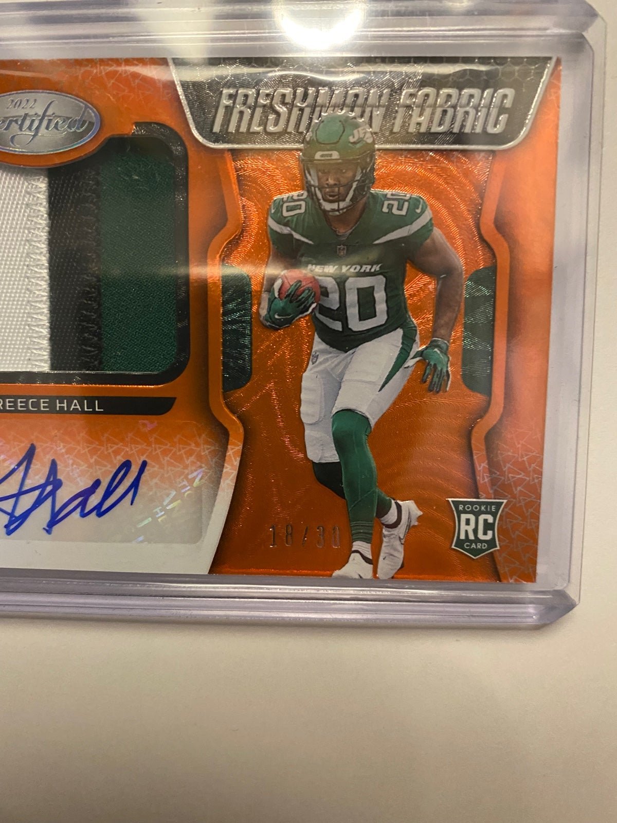 2022 Panini Certified FOTL Breece Hall Orange Etch /30 Freshman Fabric RPA Jets
