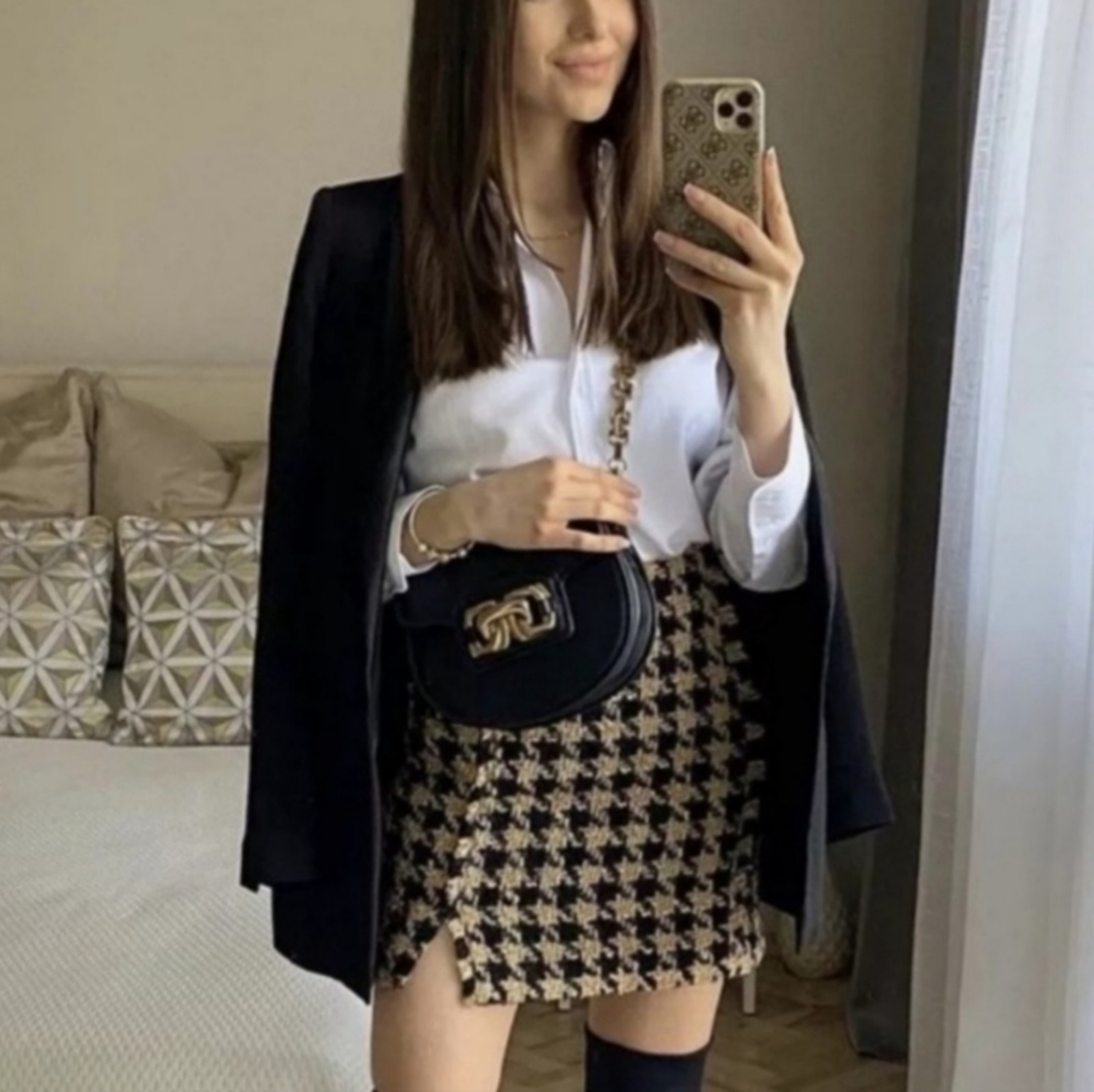 House Of Harlow 1960 Skirt Tan Black Houndstooth Plaid Tweed Mini Fringed Medium