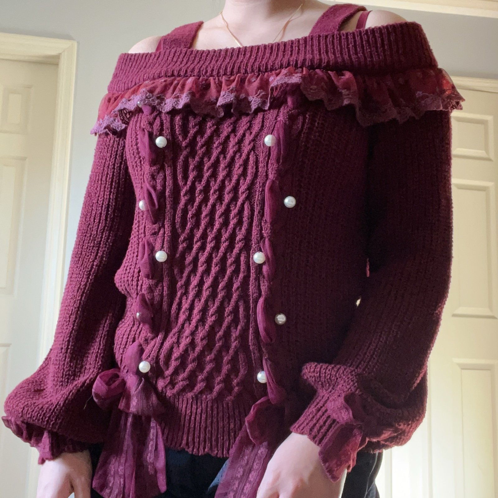Liz Lisa - Off the Shoulder Sweater - Burgundy Red, One Size, NWOT